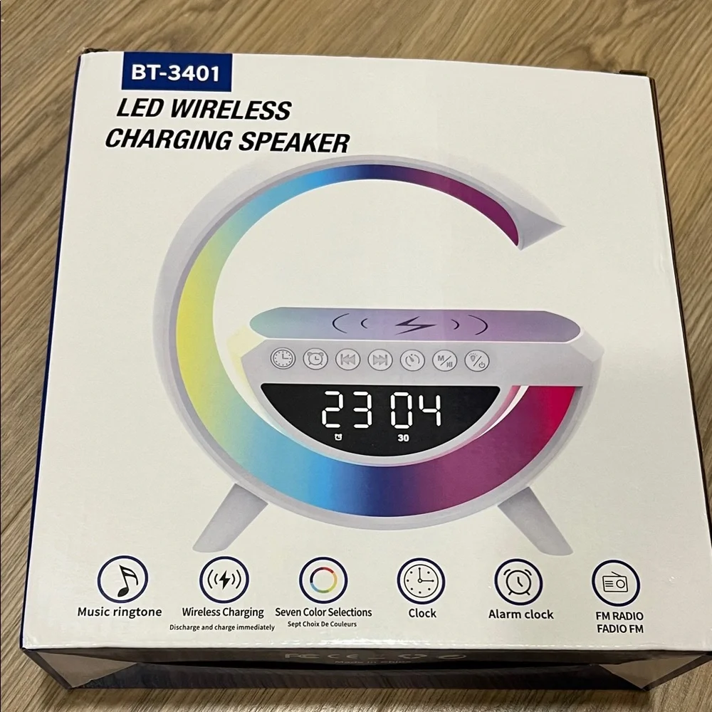 BT-3401 LED Wireless Charging Speaker with Clock - White